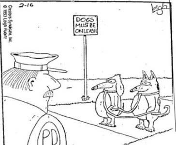 Image of a cartoon. Including a park sign saying "Dogs must be on leashes" - underneath is a policeman watching two dogs each has and is holding a leash of the other dog.