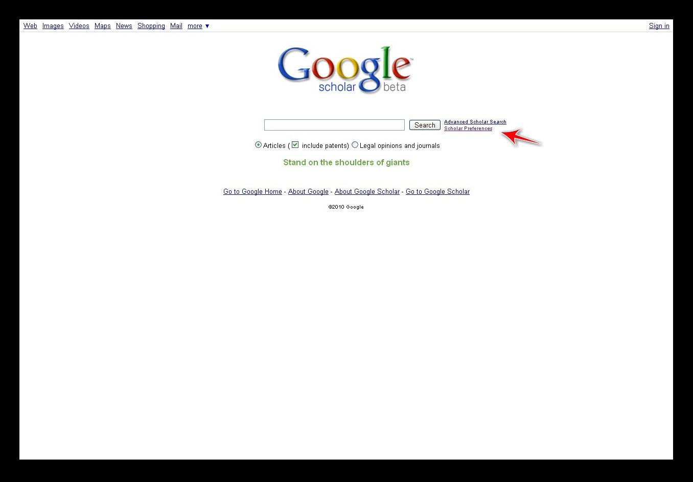 Google Scholar homepage
