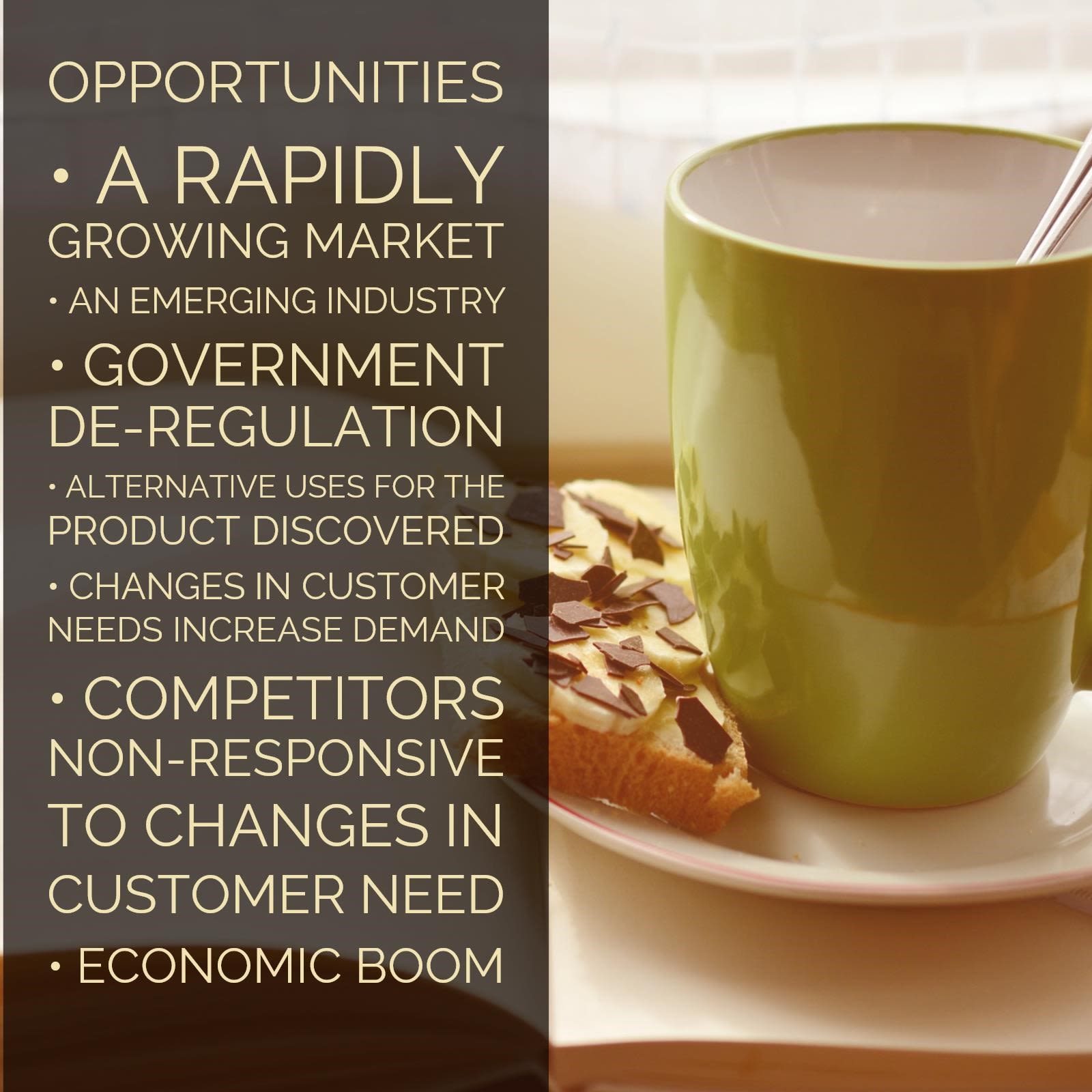 Image contains list of bullet points; “Opportunities; a rapidly growing market, an emerging industry, government de-regulation, alternative uses for the product discovered, changes in customer needs increase demand, competitors non-responsive to changes in customer need, economic boom”