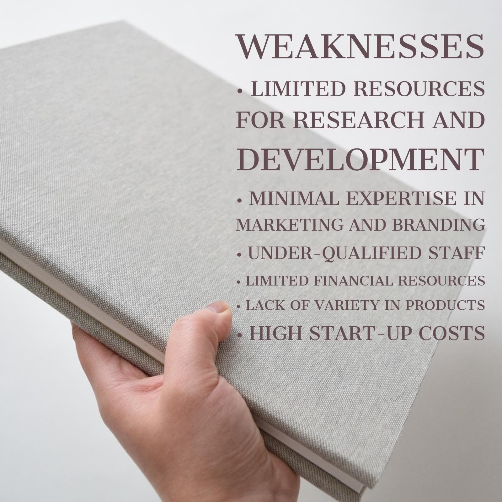 Image contains list of bullet points; “Weaknesses; limited resources for research and development, minimal expertise in marketing and branding, under-qualified staff, limited financial resources, lack of variety in products, high start-up costs.