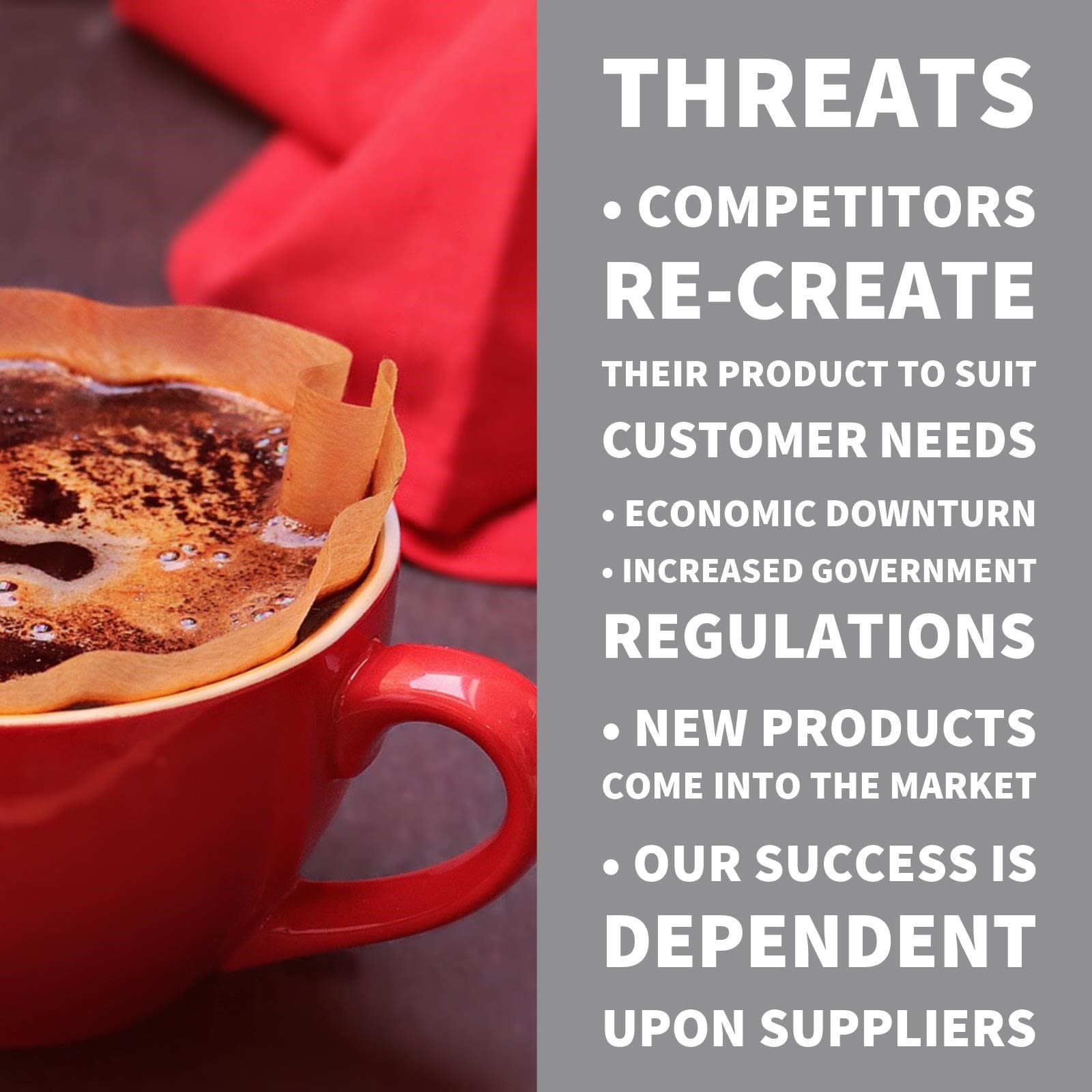 Image contains list of bullet points; “Threats; competitors re-create their product to suit customer needs, economic downturn, increased government regulations, new products come into the market, our success is dependent upon suppliers”