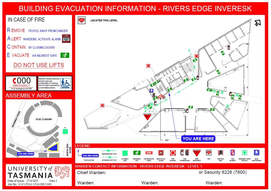 An evacuation plan document for the rivers edge building in Launceston