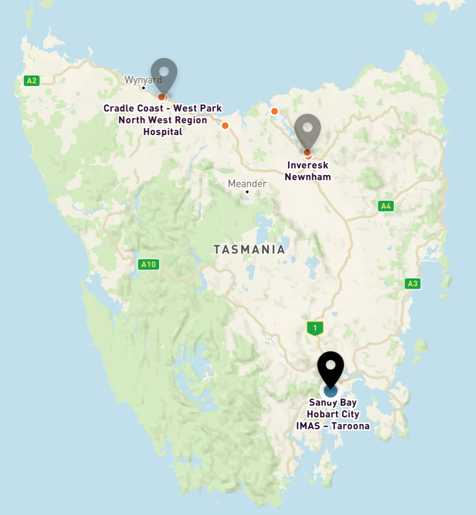 Map of Tasmania with markers at our Counselling locations in Burnie, Launceston and Hobart